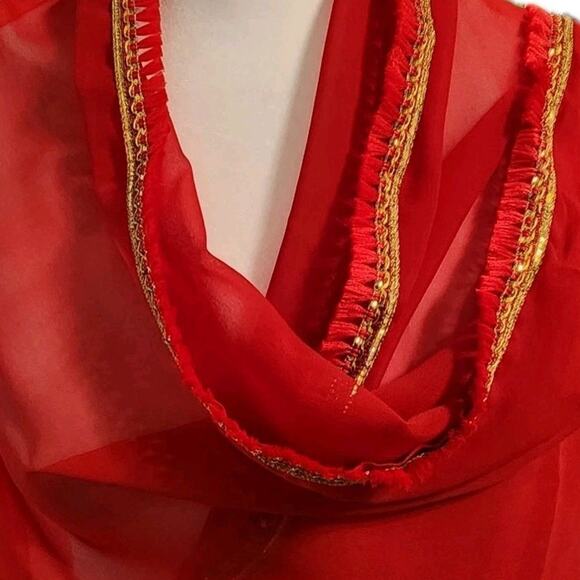 Red Sheer Sari Sarong Wrap Cover 40x80" Tassels Metallic Gold Thread Trim Design - Picture 7 of 7